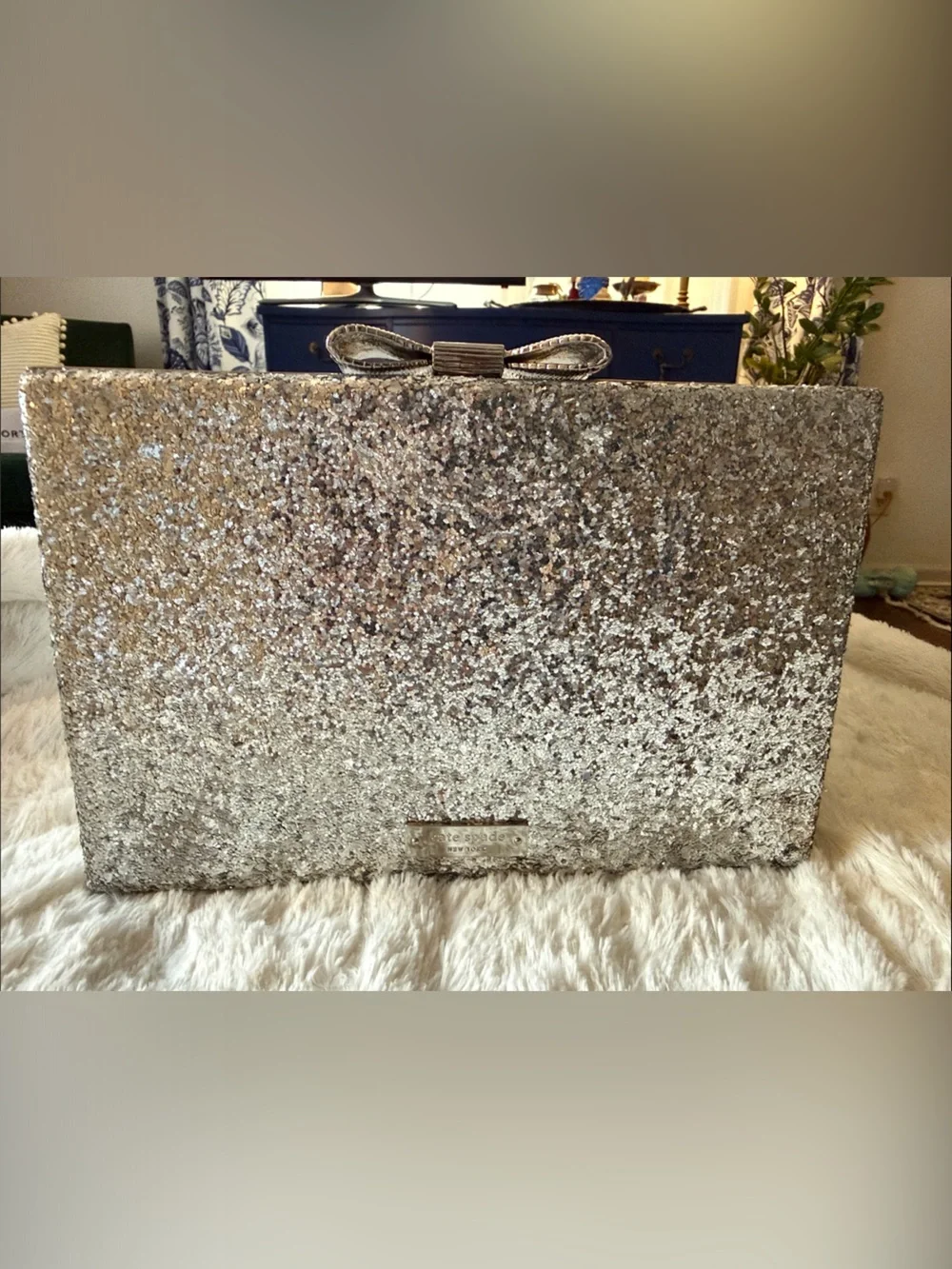 KATE SPADE Emanuelle Evening Belles PXRU4812 Silver Glitter Bow Crossbody Clutch